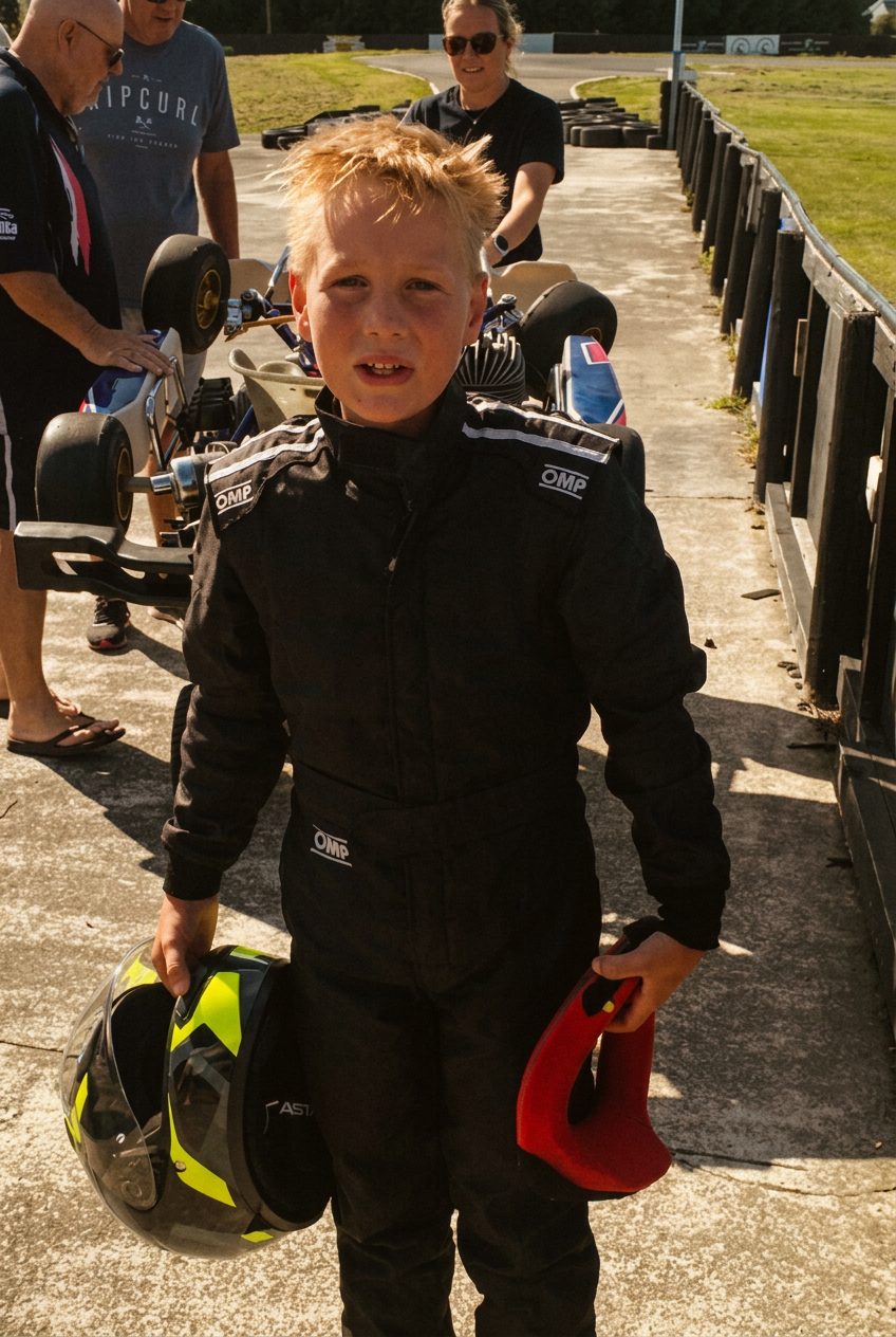 Noah Murray in race suit holding his helmet in the pit lane